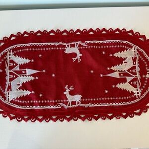 Red Christmas Theme Doily Table Runner Mantel Scarf Holiday Decor